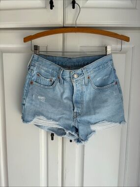 Levi 501 Light Blue Distressed Denim Shorts